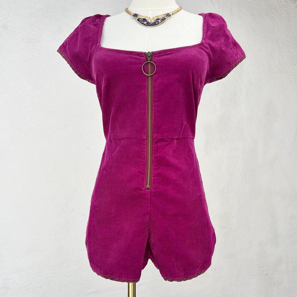Urban Outfitters Monica Corduroy Zip-Up Festival Romper Sz Small Cotton/Elastane